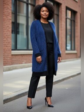 Penningtons, Fuzzy Knit Cardigan Blue Long Open Front, Plus Size X, Soft, Cozy